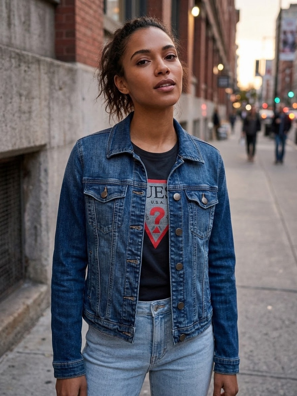 GUESS Denim Jacket with Back Logo Graphic Women'Small Blue Small